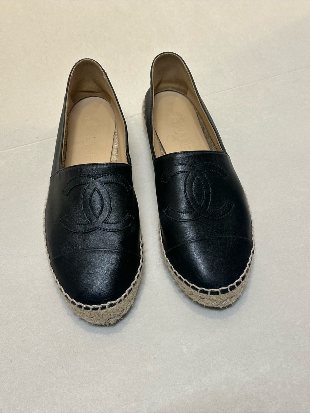 CHANEL Black Lambskin Leather Espadrille Flats Size 9